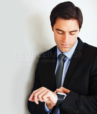 Buy stock photo Time, watch and a young business man in studio on a white background for delay while waiting for an appointment. Schedule, late and impatient with male employee in a suit for professional work