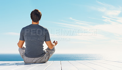 Buy stock photo Relax person, blue sky and yoga meditation for spiritual peace, freedom or healing zen soul, aura or chakra energy balance. Mockup space, sunshine and back of mindfulness yogi on nature beach patio