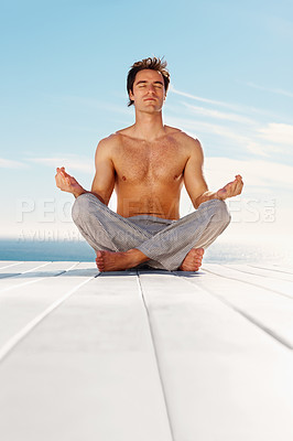 Buy stock photo Outdoor, yoga and meditation with man, peace and breathing with health, wellness and relax. Person, yogi or guy with lotus position, spiritual or freedom with energy, fitness or exercise with workout