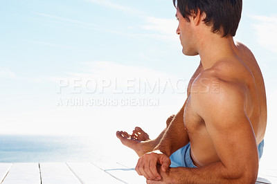 Buy stock photo Sea, relax and shirtless man on a deck with a view of the water in summer while on holiday or vacation. Freedom, ocean or sky and the body of a young tourist tanning outdoor on a pier with space