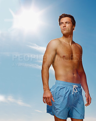 Buy stock photo Man, thinking or fitness in health body for summer workout, muscle or confident on vacation. Model, pride and natural glow with fashion gym shorts, post cardio exercise and sunshine by sky background