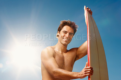 Buy stock photo Man, surfing and board in sunshine by sky, summer or smile for fitness, health or training. Athlete, surfer and vision on holiday, happy or thinking outdoor for ideas, workout or exercise in nature