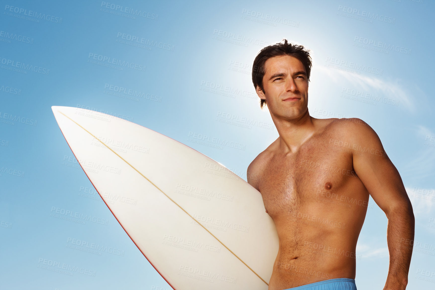 Buy stock photo Man, surfing and board in sunshine by sky, summer or body with fitness, health or training. Athlete, surfer and vision on holiday, strong or thinking outdoor for ideas, workout or exercise in nature