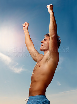 Buy stock photo Winner, hands raised and a shirtless man on a blue sky with flare for fresh air in summer during vacation. Health, fitness and victory with the body of a confident young person outdoor for wellness