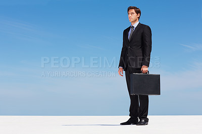 Buy stock photo Briefcase, sky and business man on thinking of future on building rooftop in the city. Idea, bag and professional male person from Canada standing and dream, brainstorm or planning for work project.