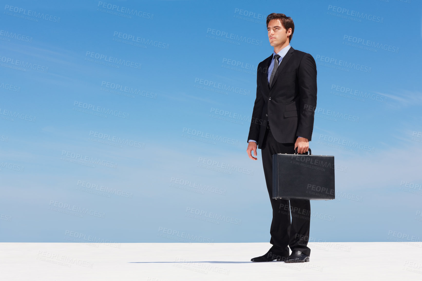 Buy stock photo Briefcase, sky and business man on thinking of future on building rooftop in the city. Idea, bag and professional male person from Canada standing and dream, brainstorm or planning for work project.