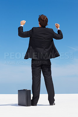Buy stock photo Businessman, briefcase and celebrate with fist, success and back in blue sky, corporate and victory. Winner, goal and outdoor for achievement, bonus and milestone for business or financial profit 
