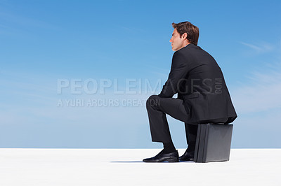 Buy stock photo Business man, relax and briefcase with thinking of corporate professional with peace from idea. Worker, male employee and suit outdoor with mockup space and blue sky with job and career with bag