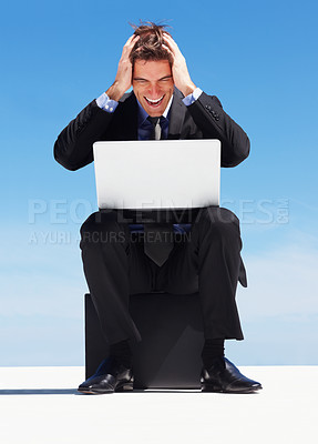 Buy stock photo Laptop, sky and business man frustrated with corporate disaster, stock market trading mistake or online website error. Bankruptcy report, stress or angry professional trader reading bad feedback info