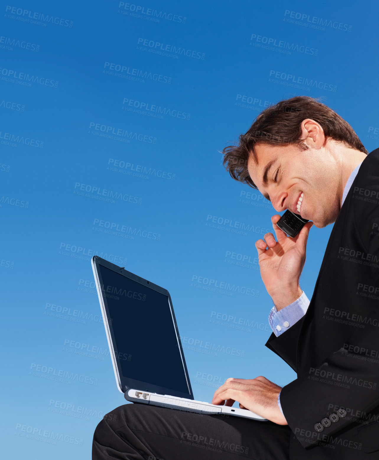 Buy stock photo Laptop, phone call and happy business man in conversation, listening or communication on blue sky mockup space. Computer, mobile chat and lawyer networking, discussion or legal advice on smartphone