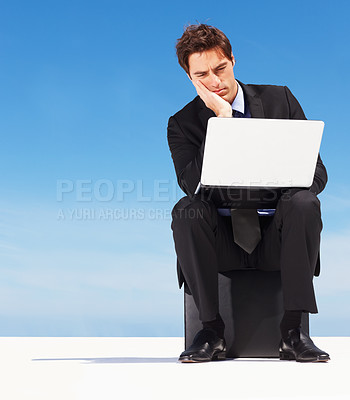 Buy stock photo Laptop, sky and man thinking over corporate mistake, company disaster or computer tech fail, glitch or 404 error. Mockup space, worry and outdoor person reading bad feedback, report or online results