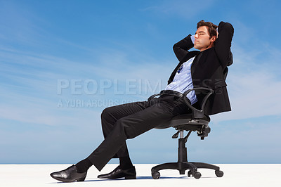 Buy stock photo Business man, relax and outdoor nap of a corporate professional in a chair with peace from success. Worker, calm and young male employee and suit with mockup space and blue sky with job and career