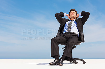 Buy stock photo Business man, relax and outdoor sleep of a corporate professional in a chair with peace from calm. Worker, male employee and suit with mockup space and blue sky with job and career with nap sitting