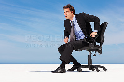 Buy stock photo Business man on chair, thinking and outdoor for decision, planning future strategy and mockup on blue sky. Serious professional consultant dream of vision, problem solving and remote work solution