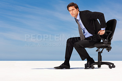 Buy stock photo Business man on chair, dream on blue sky and decision, planning strategy and future on cloud mockup space. Serious professional consultant thinking of vision, problem solving and remote work solution