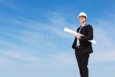 Buy stock photo Architect with helmet, blueprint and thinking with blue sky, mock up and project management. Civil engineering, construction space and business man with building planning, idea and contractor on site