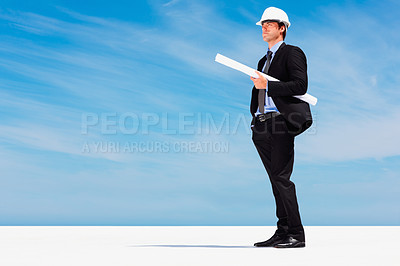 Buy stock photo Engineer with helmet, blueprint and thinking with blue sky, mock up or project management. Architecture, construction space and business man with building planning, design idea and contractor on site