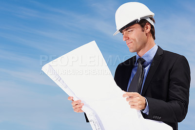 Buy stock photo Engineering, blueprint and man architect by blue sky on building rooftop for development plan. Industry, construction and professional male industrial employee with architecture drawing for project.