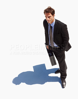 Buy stock photo Briefcase, smile and young businessman with thinking expression by white background from above. Idea, bag and professional male person from Canada standing and dreaming or planning for work.