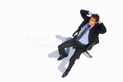 Buy stock photo Business man, tired and sleeping of a corporate professional in chair with nap in studio. Worker, male employee and suit with calm and relax with white background with job and career of mockup space