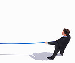 Top view of an isolated business man pulling on to a rope