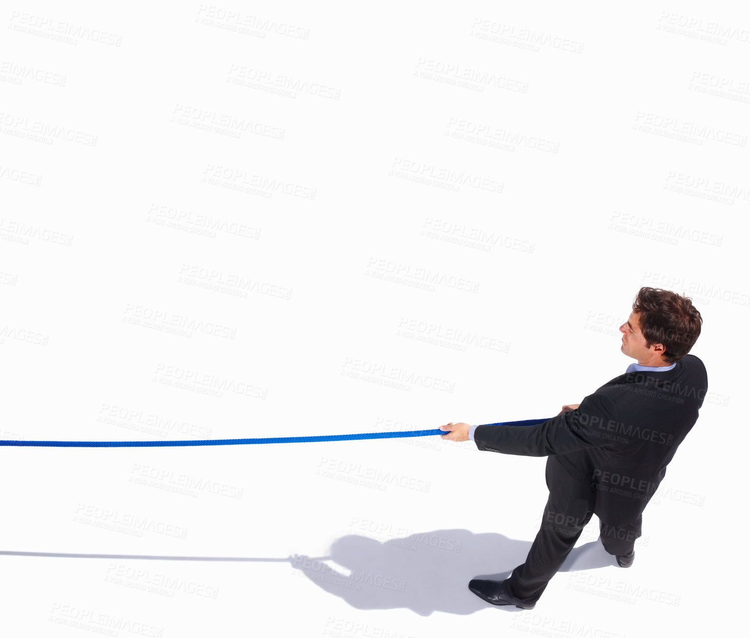 Buy stock photo Businessman, rope and tug of war by white background, career challenge and manager power struggle. Young person, mental health and professional worker in suit, top view and workplace battle in studio