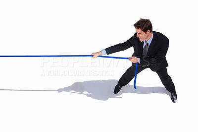 Buy stock photo Businessman, conflict and tug of war by white background, career challenge and workplace competition. Young person, mental health and professional worker with rope, top view and job battle in studio