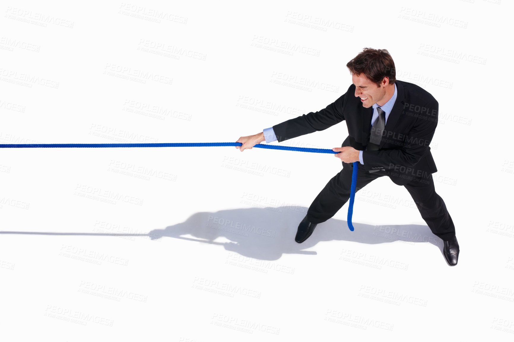 Buy stock photo Businessman, conflict and tug of war by white background, career challenge and workplace competition. Young person, mental health and professional worker with rope, top view and job battle in studio