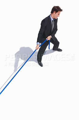 Buy stock photo Businessman, challenge and tug of war by white background, career problem and workplace competition. Young person, mental health or professional worker with rope, top view or job conflict in studio