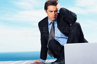 Buy stock photo Laptop, sky and business man stress over corporate mistake, company disaster or online website fail, glitch or 404 error. Mental health, web crisis and professional person reading bad feedback info