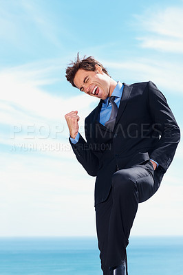 Buy stock photo Business man, fist pump and yes for success, celebration and excited for achievement or victory. Happy businessperson, promotion and bonus or salary increase, opportunity and blue sky background