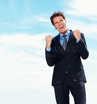 Buy stock photo Business man, fist pump and smile for success, celebration and excited for achievement or victory. Happy businessperson, promotion and bonus or salary increase, opportunity and blue sky background