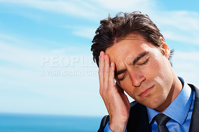 Buy stock photo Headache, sky and face of business man sad, tired or stress over corporate mistake, company disaster or agency fail. Mockup space, migraine pain and closeup professional person depressed over crisis