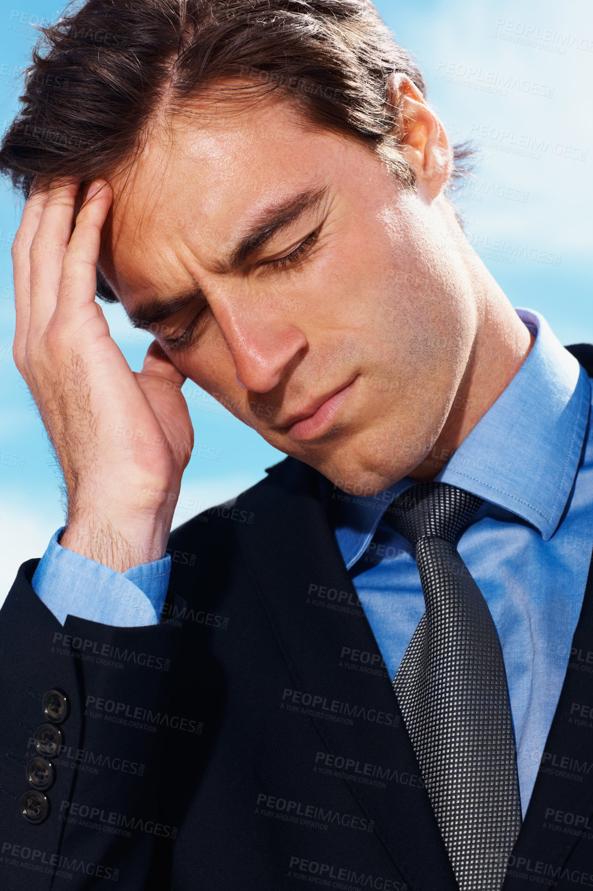 Buy stock photo Business man, headache and stress or burnout, mental health and frustrated by debt and audit. Professional, male person and migraine or fatigue, anxiety and worry for mistake, fail and blue sky