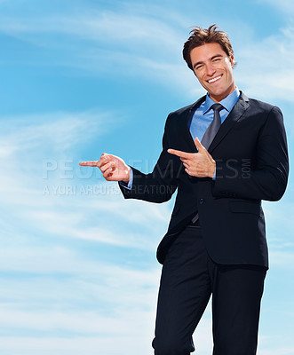 Buy stock photo Portrait, blue sky and business man point at corporate announcement, company notification or legal consultant info. Happiness, freedom and professional lawyer, attorney or advocate advertising news 