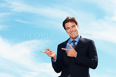 Buy stock photo Blue sky portrait, professional and happy man point at corporate announcement, company notification or legal info. Mockup space, service choice and business lawyer, attorney or advocate sales offer 