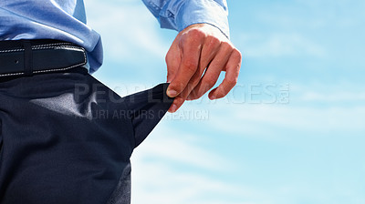 Buy stock photo Hand of businessman, empty pocket and blue sky with mockup, trading crisis and bankruptcy. Debt, poverty and money problem, broke investor man with stock market crash and poor financial management.