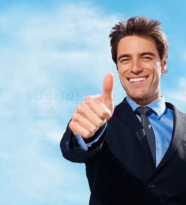 Buy stock photo Business man, thumbs up and portrait for success, support or like emoji on blue sky background for real estate. Face of professional realtor, corporate businessman or agent for good job, okay or yes