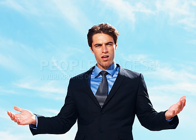 Buy stock photo Portrait, doubt and business man shrug, confused and question why on sky clouds. Face, decision and professional with choice, balance or scale on palm, dont know hand gesture and problem on mockup