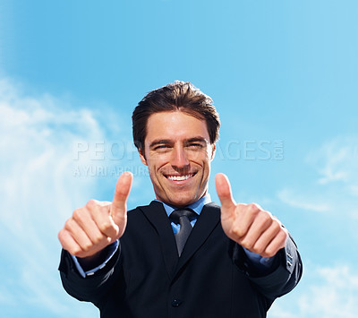 Buy stock photo Businessman, thumbs up and portrait for success, support or like emoji on blue sky background for real estate. Face of professional realtor, business man or corporate agent for good job, okay or yes