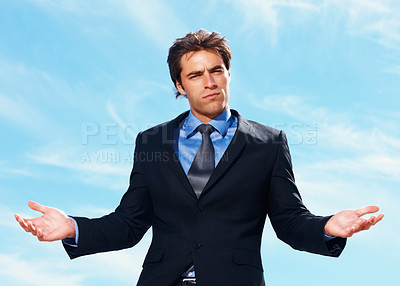 Buy stock photo Portrait, confused business man and shrug in doubt, question or why on sky clouds. Face, decision and professional with choice, balance or scale on palm, dont know hand gesture or solution on mockup