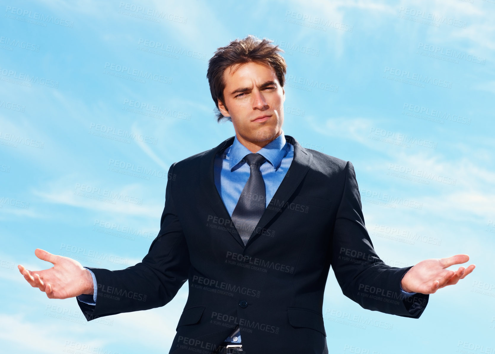 Buy stock photo Portrait, confused business man and shrug in doubt, question or why on sky clouds. Face, decision and professional with choice, balance or scale on palm, dont know hand gesture or solution on mockup
