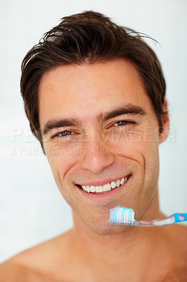 Buy stock photo Portrait, man and brushing teeth for dental wellness, morning routine and healthy gums in studio on white background. Face of happy mature guy with toothbrush, toothpaste or cleaning for fresh breath