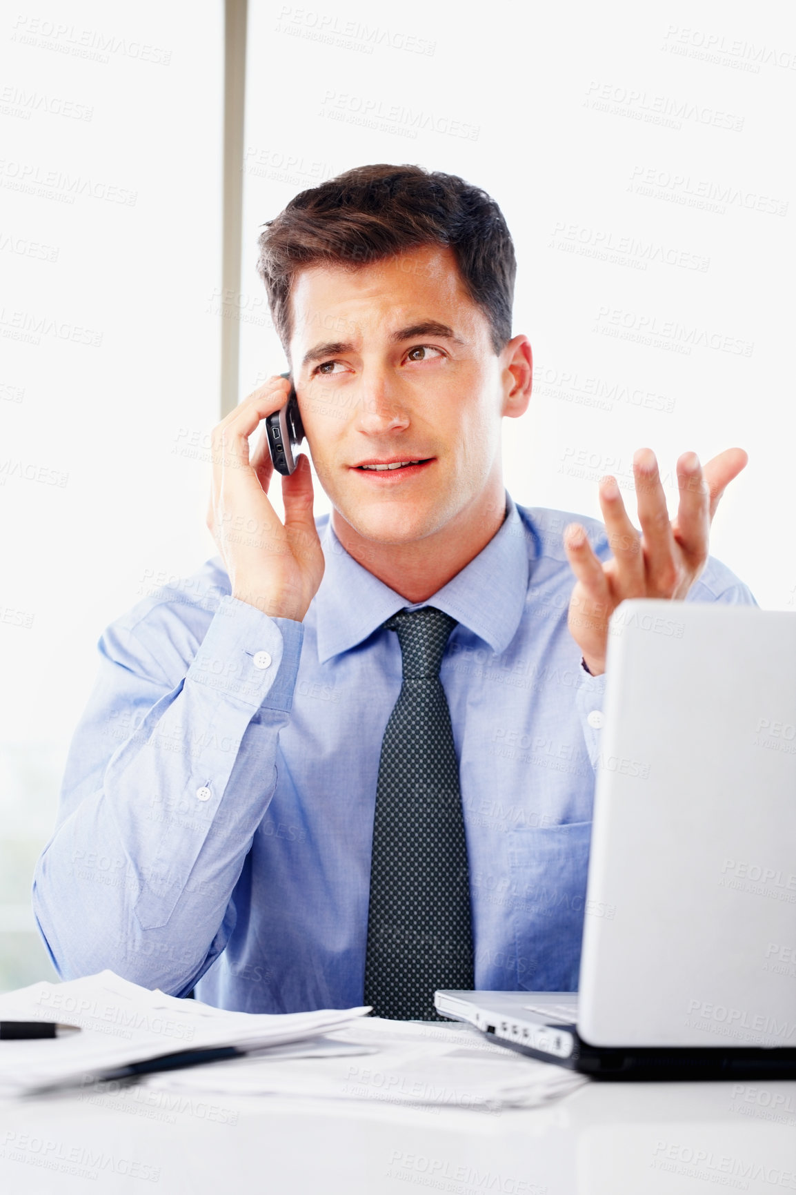 Buy stock photo Businessman, office and phone call with laptop for thinking or conversation, financial or investment banking. Male banker, mobile and computer with talking, idea for company growth with stock market