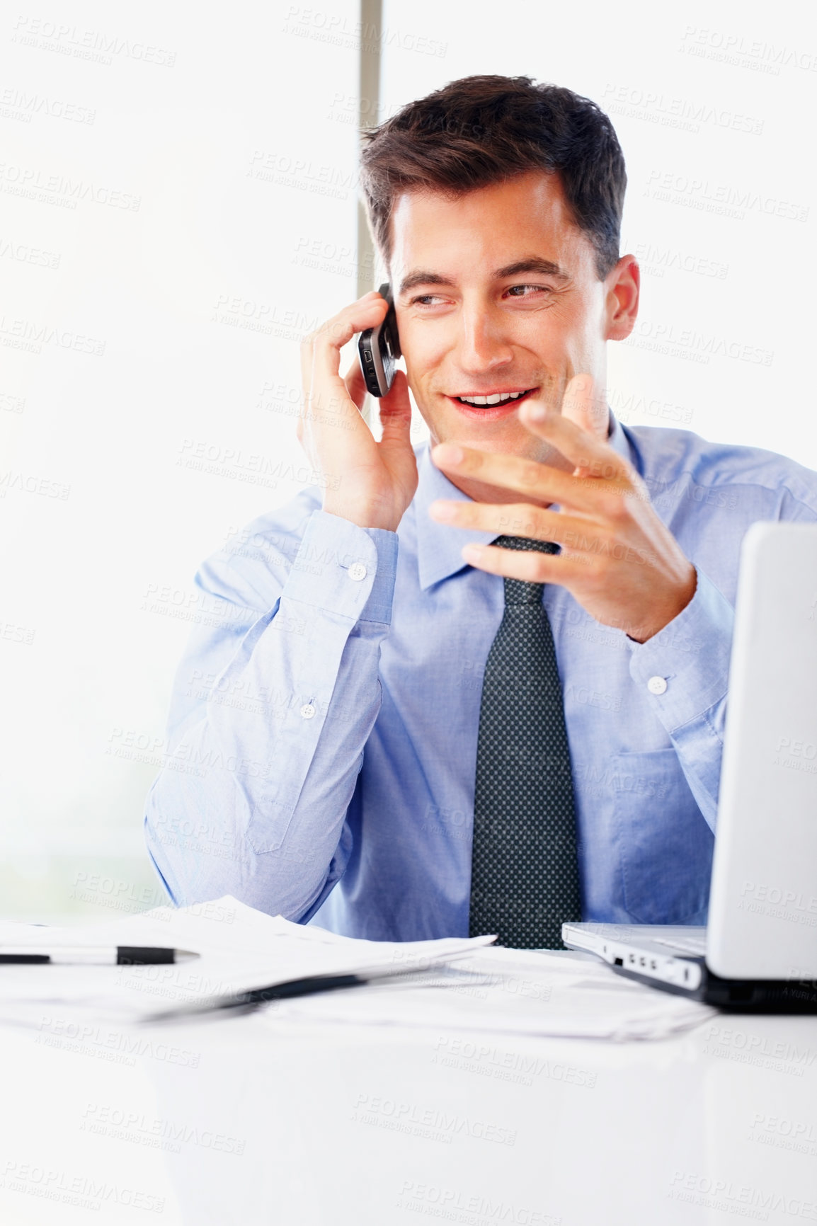 Buy stock photo Businessman, office and phone call with laptop for thinking with smile, financial or investment banking. Male banker, mobile and computer with conversation, idea for company growth with stock market