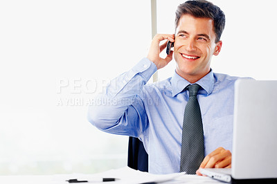 Buy stock photo Happy, businessman and phone call with laptop in office for project feedback and communication. Smile, male person or executive assistant on mobile for networking, appraisal and performance review