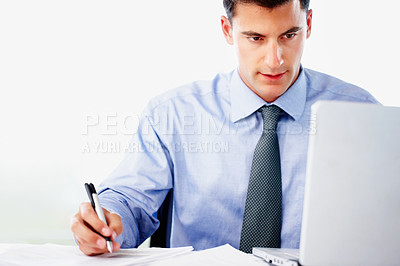 Buy stock photo Businessman, laptop and research notes for financial investment or accounting, paperwork or review. Male person, writing and corporate growth or economy report with proposal, loan or stock market