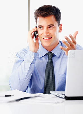 Buy stock photo Businessman, office and phone call with laptop for thinking and smile, financial or investment banking. Male banker, mobile and computer with conversation, idea for company growth with stock market