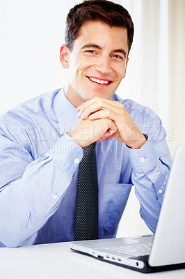 Buy stock photo Businessman, portrait and laptop as financial accountant for investment report, review or loan. Male person, face and smile for economy growth or corporate professional for research, desk or project