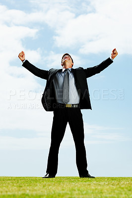 Buy stock photo Celebrate, field and businessman with open arms for success, freedom and energy with cloudy sky. Male leader, winner and grass for victory, growth and achievement in corporate company with happiness